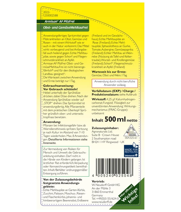 Neudorff® Armisan AF PilzFrei Obst- Und Gemüse MehltauFrei, 500 Ml 4 Neudorff® Armisan AF PilzFrei Obst- Und Gemüse MehltauFrei, 500 Ml – Bild 2
